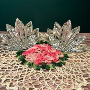 Vintage Crystal Glass Agave/Starburst Shaped Candlestick Holders - Pair